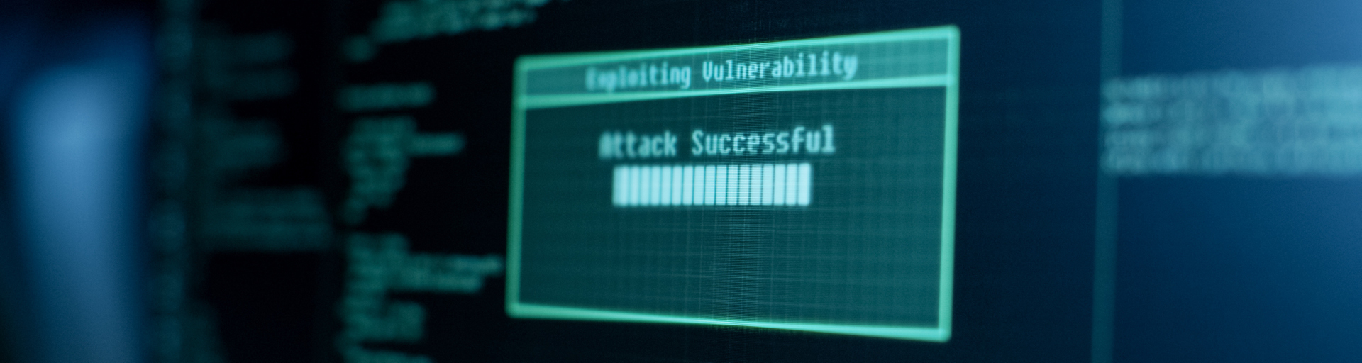 Display Showing Stages of Hacking in Progress: Exploiting Vulnerability, Executing and Granted Access.