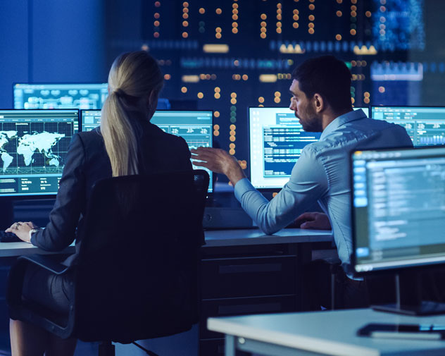 two people looking through data on desktop computers