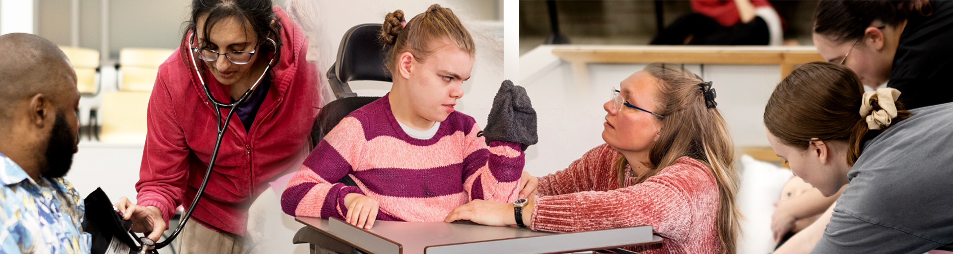 Photo collage of a person taking someone's blood pressure, a teacher helping an individual in a wheelchair and two students practising on a mannequin 