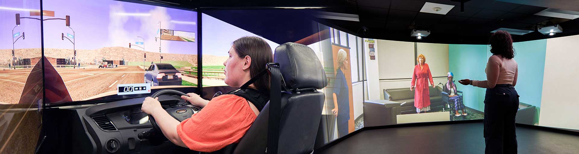 collage of a student using the driving simulator and a student in the sim lab