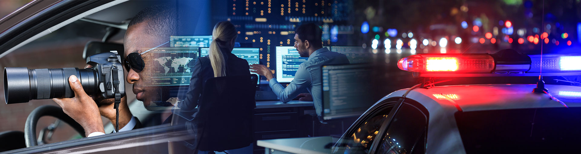 Man and woman working on computers and  Police Car Lights 